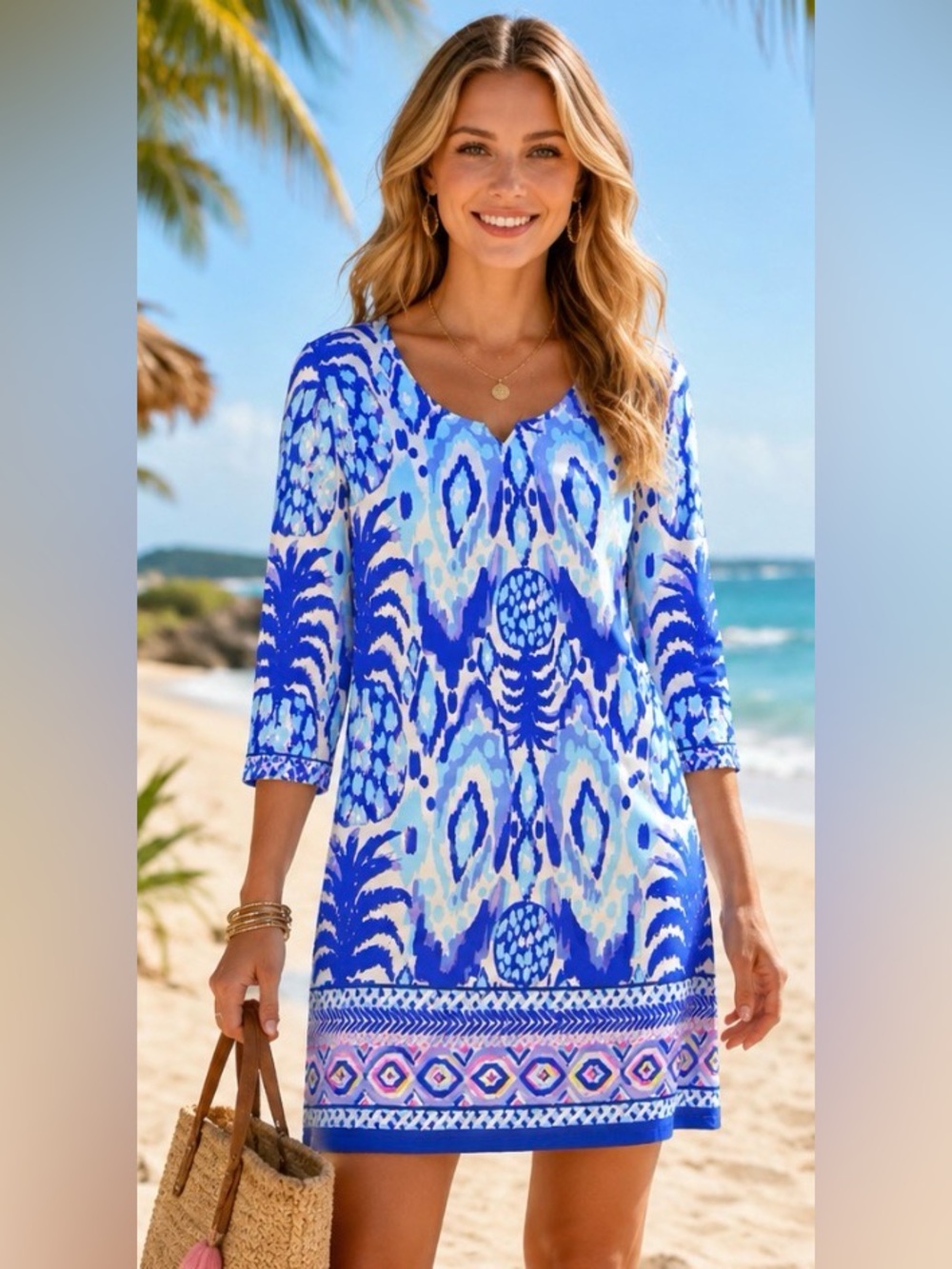 Lilly Pulitzer Blue Pima Cotton Shift Dress Small 3/4 Sleeve Tropical Print